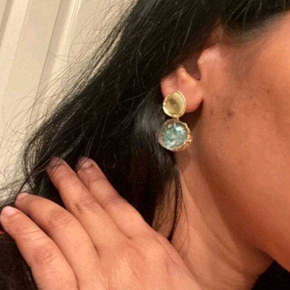 💖 Statement Gold teal green drop geometric women's earrings evening elegant - Picture 8 of 8